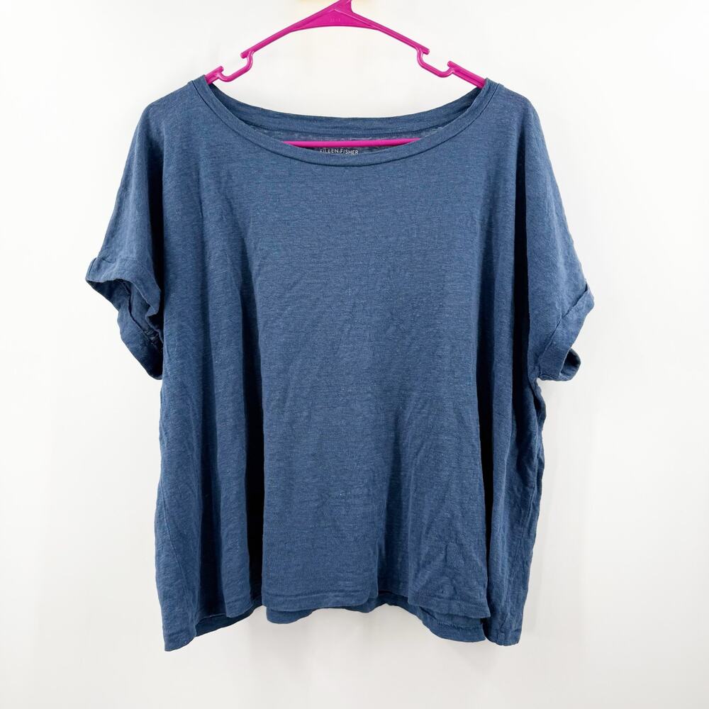 Eileen Fisher Tunic Top Medium 100% Organic Linen Blue Roll Cuff Short Sleeve